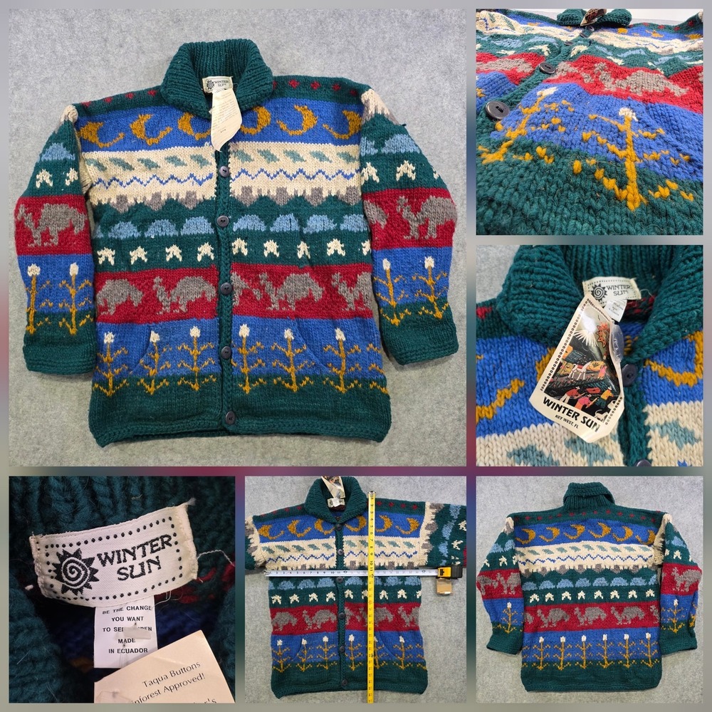 Winter Sun Sweater Mens XL? Green Wool Hand Knit Animal Cardigan Ecuador NWT